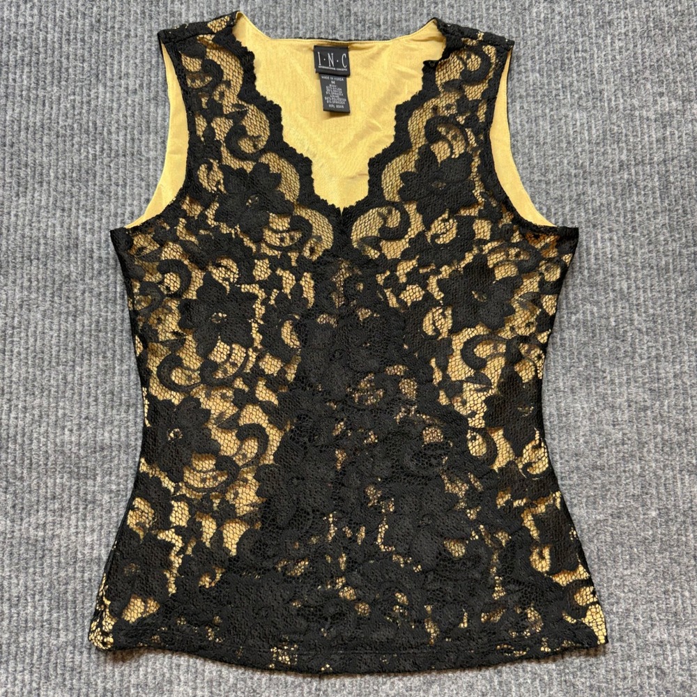 INC Black Yellow Lace Sleeveless Top M Whimsigoth Fairycore Romantic Chic
